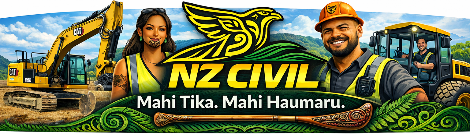NZ Civil brand illustration: a yellow bird above green whenua, Māori workers and civil machinery, with Mahi Tika. Mahi Haumaru. lettering.